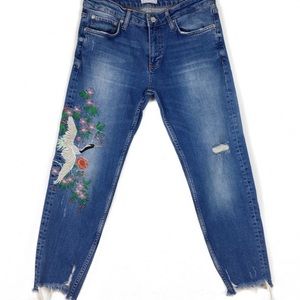 Zara Woman Premium Denim Embroidered Crane Jeans
